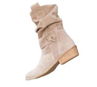 Women's Ankle Boots with Heel, Half Boots, Women's Elegant Mid-Height Winter Boots, Ruffled Shaft Western Boots, Non-Slip Women's Boots, Suede Cowboy Boots, Platform, Outdoor Short Boots, beige, 8 UK