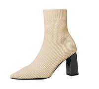 Women's Ankle Boots with Heel Knitted Boots Elegant Plain Fashion Pointed Toe Boots High Heels Boots Winter Boots Soft Women's Boots Ribbed Knit Boots Modern Booties, beige, 9 UK