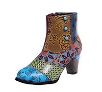 Women's Ankle Boots with Heel Leather Chelsea Short Boots Handmade Embroidered Colourful Patchwork Embroidered Flowers Ankle Boots Winter Retro Classic Block Heel Slip-On Boots, multicoloured, 42 EU