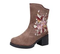 Women's Ankle Boots with Heel - Women's Boots Brown Suede Embroidered Printed Short Boots with Zip Chelsea Boots Suede Slip-On Boots Double Stitched Wide Shaft Transition Boots, brown, 5 UK