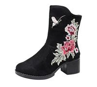 Women's Ankle Boots with Heel - Women's Boots Brown Suede Embroidered Printed Short Boots with Zip Chelsea Boots Suede Slip-On Boots Double Stitched Wide Shaft Transition Boots, red, 8.5 UK