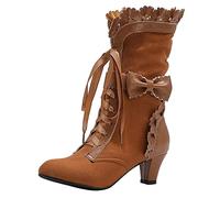 Women's Ankle Boots with High Thick Heel and Elegant Front Lace Up Design Featuring a Decorative Bow for Stylish Comfort (Brown, 6)
