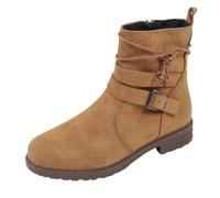 Women's Ankle Boots with Slouchy Suede-Look Upper and Low Block Heel | Suede-effect finish, round toe, side zip, adjustable wraparound lace and buckle strap, everyday commuting and autumn outings