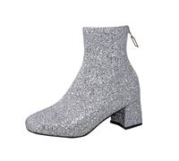 Womens Ankle Boots with Sparkly Glitter Ladies Pointed Toe Chunky Mid Block Heel Zipper Party Prom Booties