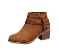 Womens Ankle Boots Women's Winter Ankle Boots Booties for Women Strap Chunky Stacked Heel Classic Pointed Toe Comfortable Side Zipper Booties Classic Glitter Patchwork Brown