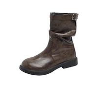 Womens Ankle Boots Y2K Round Toe Low Chunky Heel Classic Mid Calf Boot Fashion Western Cowboy Motorcycle Travel Booties Leather Pull-on Outdoor Dress Versatile Cowgirl Shoes Brown