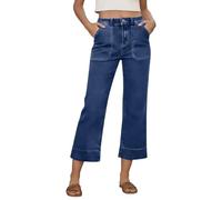 Women's Ankle Length Jeans, 7/8 Pants | High Waisted, Large Front Patch Pockets, Button Closure, Straight Leg, Slightly Wide, Exposed Seams | City, Weekend, Daily, #01-Blue3, M