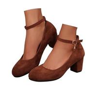 Women's Ankle-Strap Block Heel Pumps Rounded Toe Slim Buckle Fastening Smooth Upper Stable 6 cm Block Heel Office Outfits Dinners Parties Weddings and smart Casual Occasions Brown