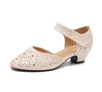 Women's Ankle Strap Cut Out Closed Toe Low Block Heels Pumps Retro Shoes Hook and Loop D'Orsay Comfortable Vintage Dressy Wedding Party Work Church Shoes, Nude Matte, 6 UK