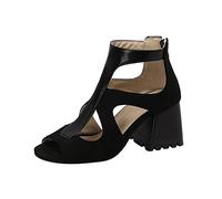 Women'S Ankle Strap Sandals Ladies Fashion Flock Stitching Hollowed Fishmouth Thick High Heeled Back Zippered Roman Sandals