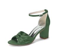 Women's Ankle Strap Satin Wedding Shoes Block Heels Open Toe Bridal Sandals with Bow Knot 3.35" Evening Prom Party Heels,Olive,10 UK