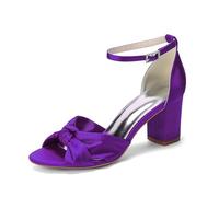 Women's Ankle Strap Satin Wedding Shoes Block Heels Open Toe Bridal Sandals with Bow Knot 3.35" Evening Prom Party Heels,Dark Purple,2 UK