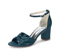Women's Ankle Strap Satin Wedding Shoes Block Heels Open Toe Bridal Sandals with Bow Knot 3.35" Evening Prom Party Heels,Teal,9 UK