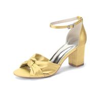 Women's Ankle Strap Satin Wedding Shoes Block Heels Open Toe Bridal Sandals with Bow Knot 3.35" Evening Prom Party Heels,Gold,2 UK
