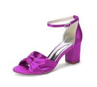 Women's Ankle Strap Satin Wedding Shoes Block Heels Open Toe Bridal Sandals with Bow Knot 3.35" Evening Prom Party Heels,Purple,7 UK