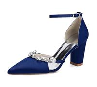 Women's Ankle Strap Wedding Pumps with Buckle Block Heel Bridal Shoes with Rhinestone Pointed Toe Satin Evening Party Shoes,Navy,3 UK