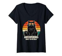 Women's Answering Only to Myself Funny Black Cat Sunglasses Retro V-Neck T-Shirt