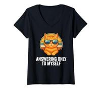 Women's Answering Only to Myself Funny Orange Cat Sunglasses Retro V-Neck T-Shirt