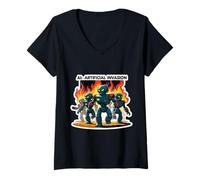Womens Anti AI Artificial Invasion Intelligence Activist Robots V-Neck T-Shirt