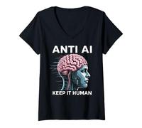 Womens Anti AI Robot Machine Data Prompt Engineer AI V-Neck T-Shirt