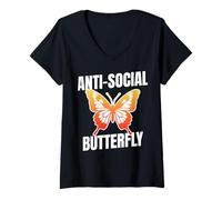 Womens Anti-Social Butterfly Funny Awkward Introvert Homebody Humor V-Neck T-Shirt