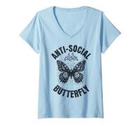 Womens Anti-Social Butterfly Funny Awkward Introvert Homebody Humor V-Neck T-Shirt