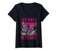 Womens Anti-Social Butterfly Funny Awkward Introvert Homebody Humor V-Neck T-Shirt