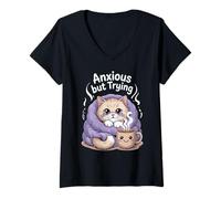Womens Anxious but Trying - Cute Cat with Blanket and Coffee V-Neck T-Shirt