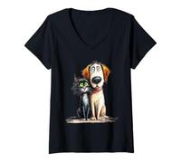 Women's Anxious Dog and Cat Friends Sketch Art V-Neck T-Shirt