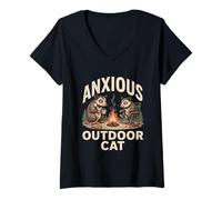 Women's Anxious Outdoor Cat Campfire Opossum Camping V-Neck T-Shirt