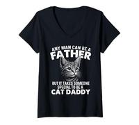 Womens Any Man Can Be A Father - Cat Dad Kitten Owner Kitty V-Neck T-Shirt