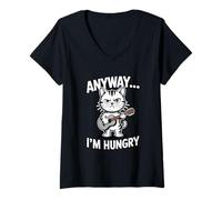 Women's Anyway I'm Hungry Playing Guitar Cat V-Neck T-Shirt