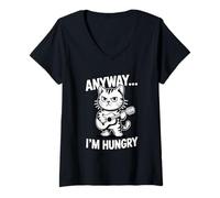 Women's Anyway I'm Hungry Playing Guitar Cat V-Neck T-Shirt
