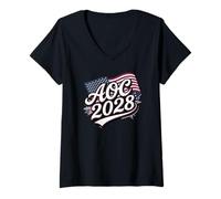 Womens AOC 2028 for President Patriotic US Flag Campaign V-Neck T-Shirt