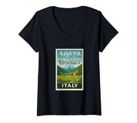 Womens Aosta Valley Italy Vintage Travel Souvenir Post Art Graphic V-Neck T-Shirt