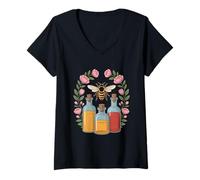 Womens Apothecary Bottles Bee Wreath Floral Cottagecore V-Neck T-Shirt