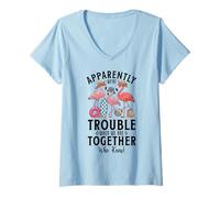 Womens Apparently We're Trouble When We're Together Flamingo Summer V-Neck T-Shirt
