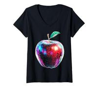 Women's Apple Glitch Artwork Fruit Graphic Print Motif Art V-Neck T-Shirt