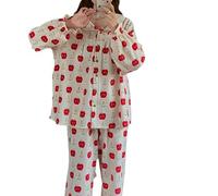 Women's Apple Pattern Cute Pajama Sets Preppy Alt Sleepwear Home Sets Indie Button Down Long Sleeve Pj Pants Set, White, One Size