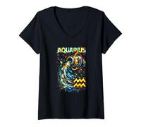 Women's Aquarius Zodiac Sign Aquarius Water Bearer Wave V-Neck T-Shirt