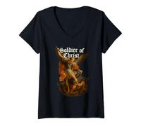 Womens Archangel Michael Defeats Satan - Soldier of Christ V-Neck T-Shirt