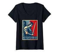 Women's Archangel Michael HE Fights for US Christian V-Neck T-Shirt