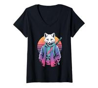 Womens Arctic Fox Samurai Sunset Streetwear Animals V-Neck T-Shirt