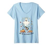 Womens are You Fall-O-Ween Jesus Ghost Fall Christian Pumpkin Retro V-Neck T-Shirt