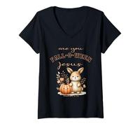 Womens are You Falloween Jesus Christian Halloween Cute Bunny V-Neck T-Shirt