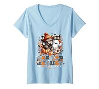 Womens are You Falloween Jesus Christian Halloween Highland Cow V-Neck T-Shirt