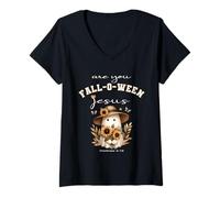 Womens are You Falloween Jesus Christian Halloween Sunflower Ghost V-Neck T-Shirt