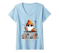 Womens are You Falloween Jesus Cute Christian Halloween Ghost Retro V-Neck T-Shirt