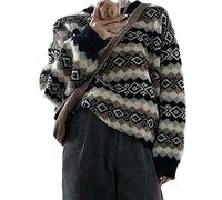 Women's Argyle Print Pullover Aztec Western Sweater Crewneck Grandpa Sweaters Vintage Aesthetic Fairy Grunge Clothes, Black, L