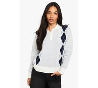 Womens Argyle Soft Knit Button Down Jumper - White - S, White